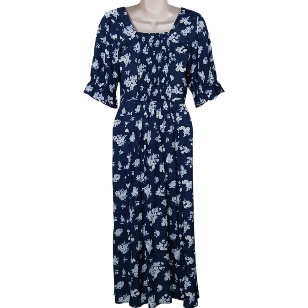 $13 Abercrombie & Fitch Midi Dress Smocked Navy White Floral Spring NWT - Picture 5 of 10